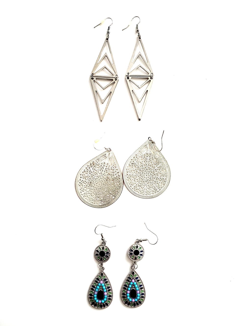 Silver Teardrop and Geometric Dangle Earrings Set - Silver